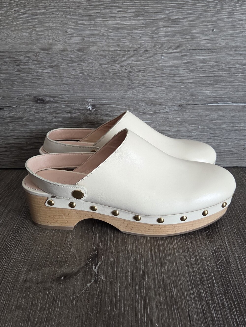 J.Crew convertible leather clogs in ivory with a studded wooden heel Size 7.5
